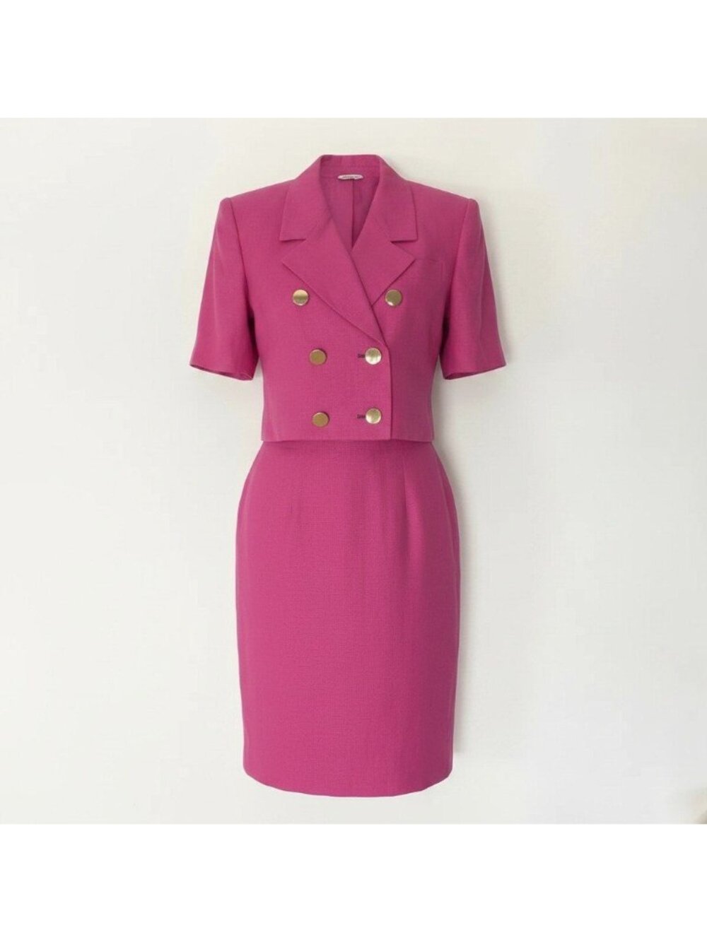 Saint Laurent Set Skirt Suit Double Breasted Gold Button Pink Linen M